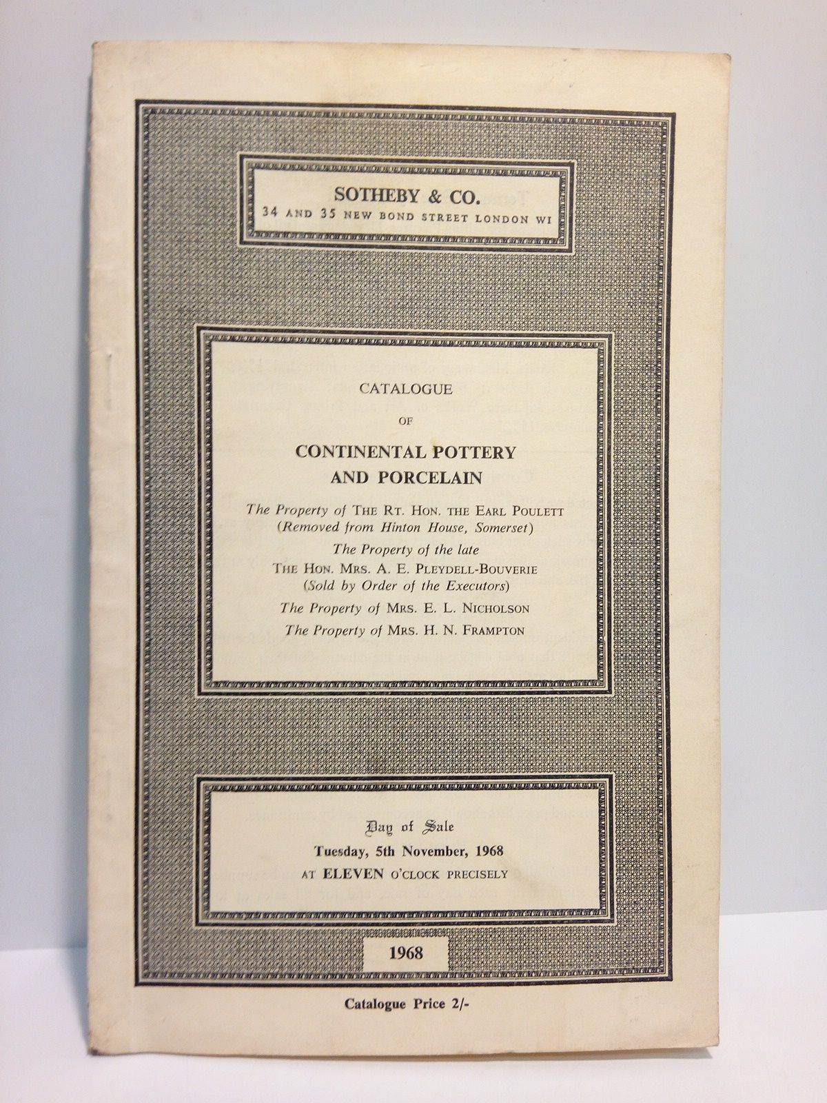 SOTHEBY & CO. - Catalogue of Continental Pottery... and Continental Porcelain... and nineteenth century French, German and Russian Porcelain.... (Auction on Tuesday, 5th November, 1968)