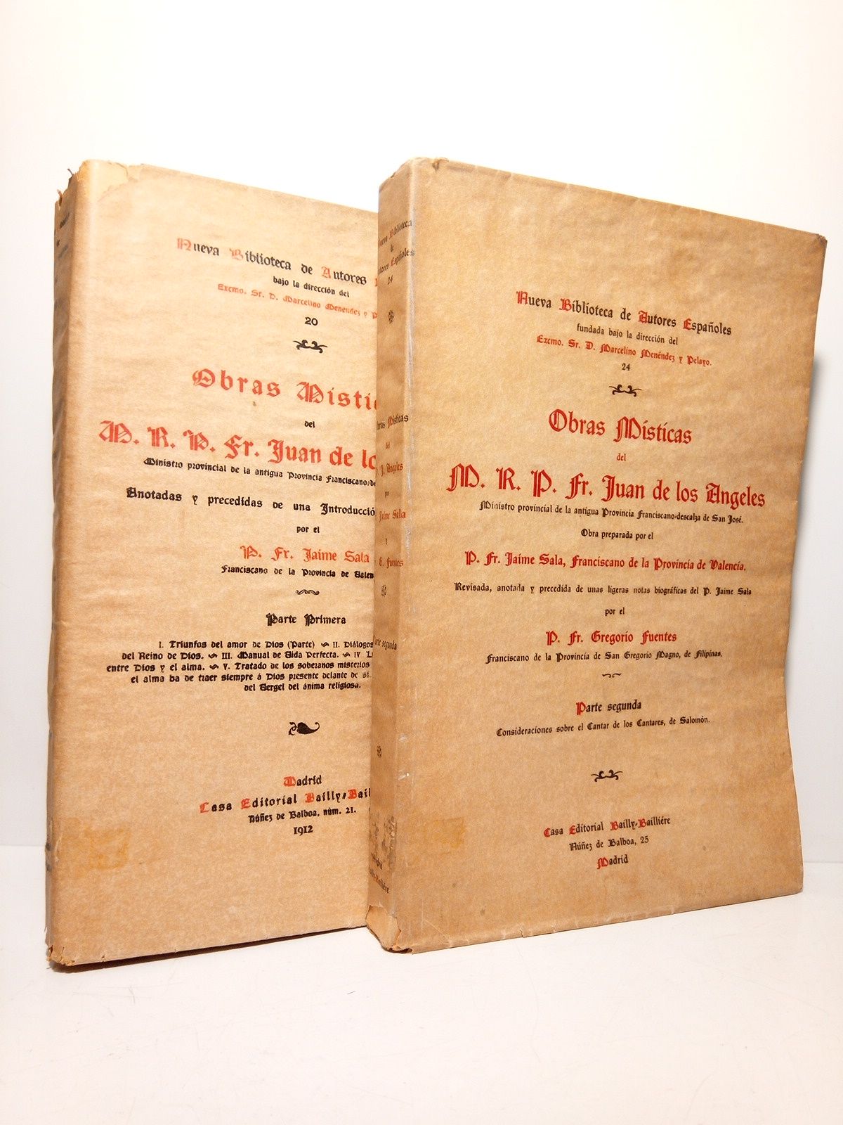ANGELES, R. P. Fr. Juan de los - Obras Msticas del M. R. P. Fr. Juan de los Angeles, Ministro provincial de la antigua Provincia Franciscano-descalza de San Jos /  Anotadas y precedidas de una introduccin bio-bibliogrfica, por el P. Fr. Jaime Sala. [El tomo 2 se public ms tarde por el fallecimiento del P. Sala y fue dirigido por el P. Fr. Gregorio Fuentes]