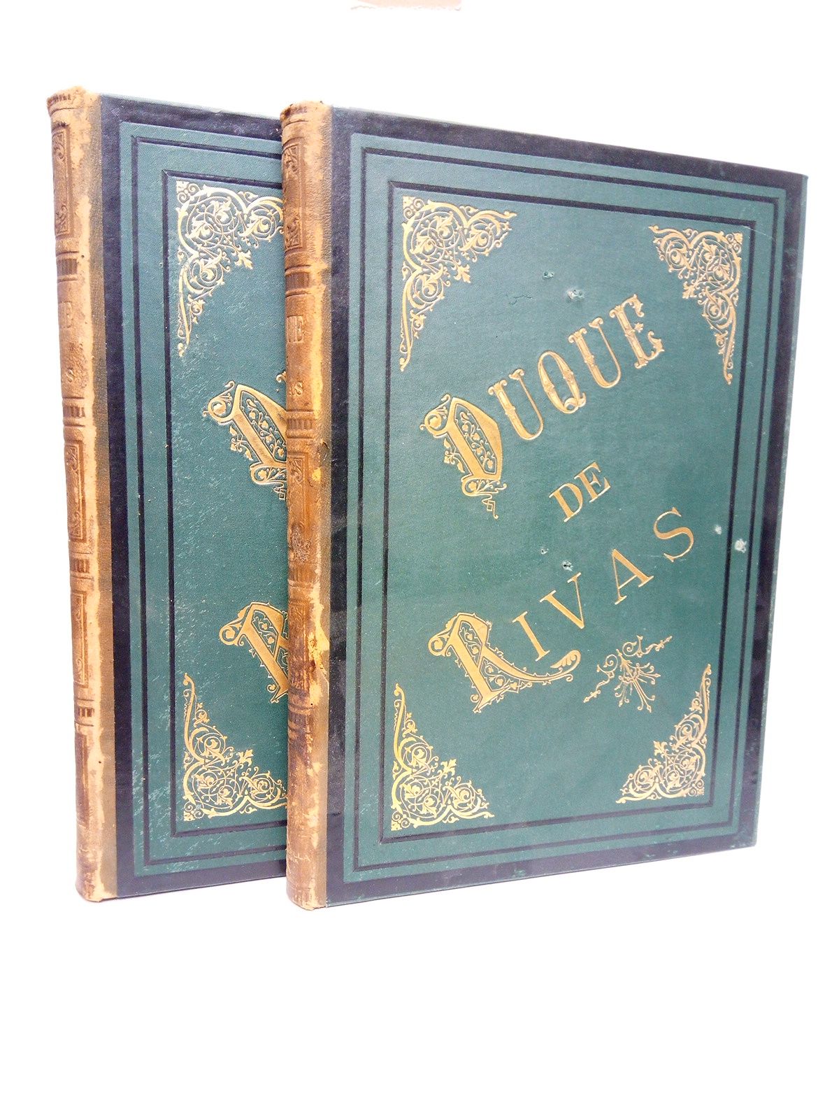 DUQUE DE RIVAS (Angel de Saavedra y Ramrez de Baquedano) - Obras Completas de D.... /  Ilustradas con dibujos de Apeles Mestres. Vol. I con prlogo de Manuel Caete. [Un retrato del Duque de Rivas, tras el prlogo, pintado por F. de Madrazo y grabado magistramente al cobre por B. Maura]. Vol. II con un prlogo del autor, el mismo que llevaba la primera edicin de los Romances Histricos de 1840