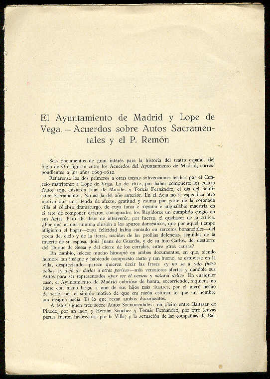 PENEDO, Fr. Manuel - El Ayuntamiento de Madrid y Lope de Vega. Acuerdos sobre Autos Sacramentales y el P. Remn