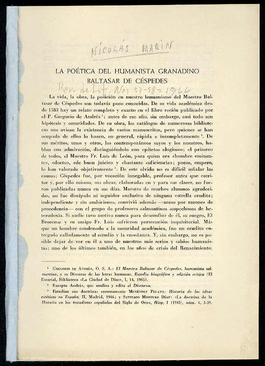 MARIN, Nicols [y Baltasar de Cspedes] - La potica del humanista granadino Baltasar de Cspedes [8 p.]. [SIGUE LA OBRA DE CESPEDES]: De arte potica. (Original latino y traduccin espaola)
