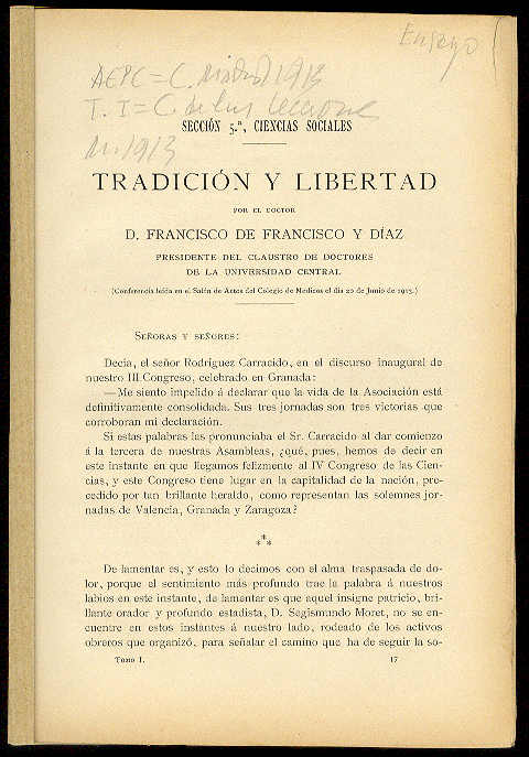 FRANCISCO Y DIAZ, Francisco de - Traducin y libertad. (Conferencia leida en el Saln de Actos del Colegio de Mdicos el da 20 de Jnio de 1913)