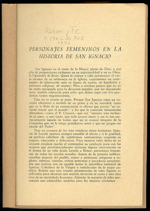 MATEOS, Fernando, S.I. - Personajes femeninos en la historia de San Ignacio