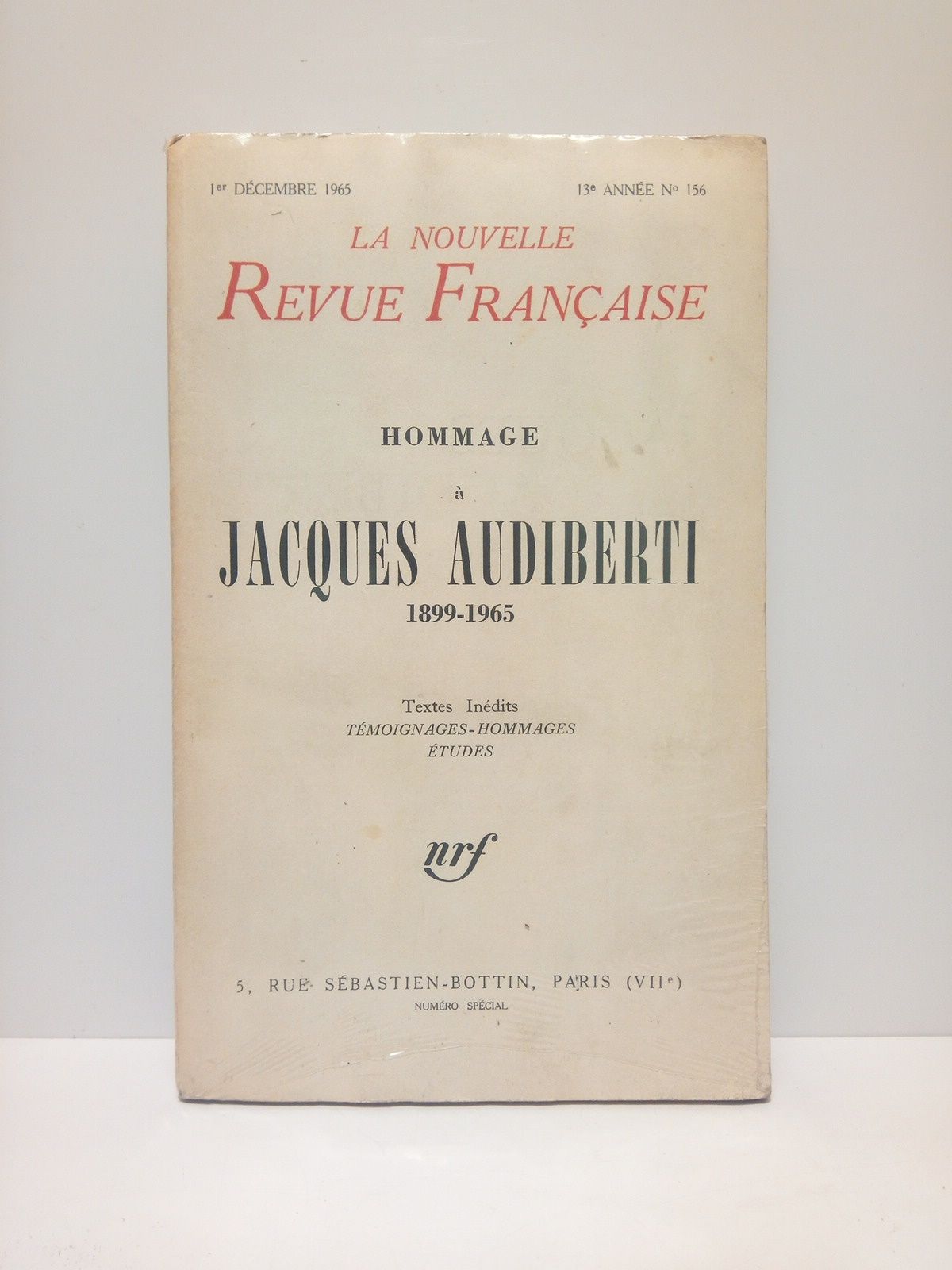 LA NOUVELLE REVUE FRANAISE - Hommage  Jacques Audiberti, 1899-1965. Textes Indits. Tmoignages.Hommages. tudes. (Numro Spcial: 13e Anne, N 156, 1er Dcembre 1965)