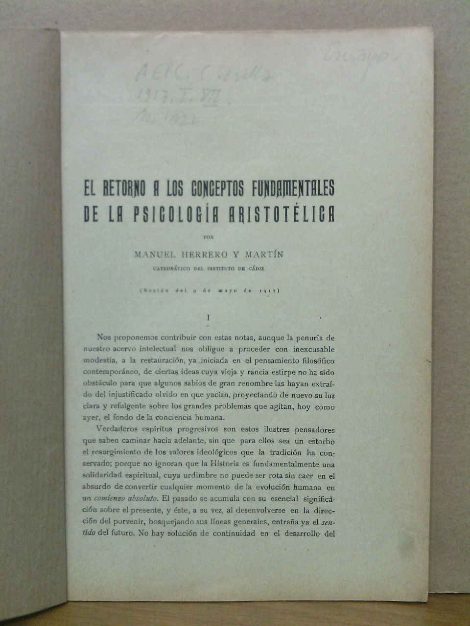 HERRERO Y MARTIN, Manuel - El retorno a los conceptos fundamentales de la psicologa aristotlica. (Sesin del 9 de Mayo de 1917)