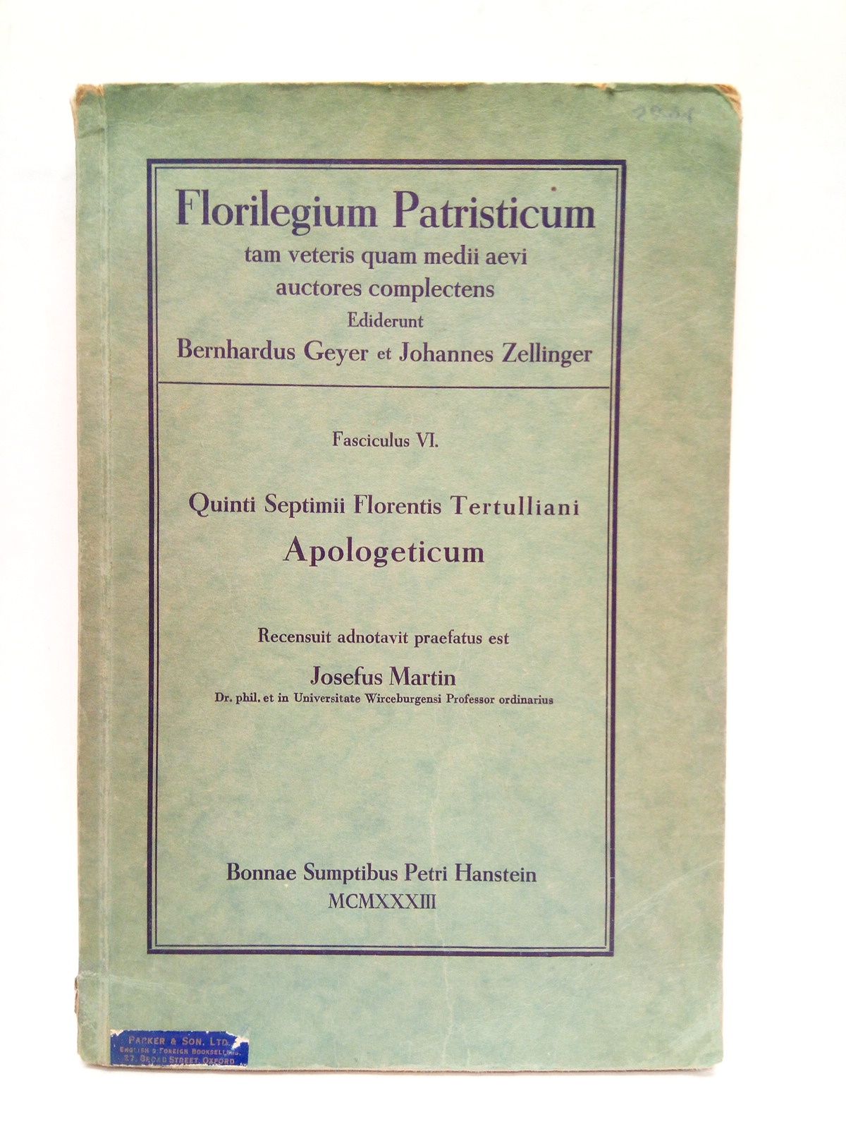 TERTULLIANI, Quinti Septimii Florentis - APOLIGETICUM / Recensuit adnotavit praefatus est, Josefus Martin