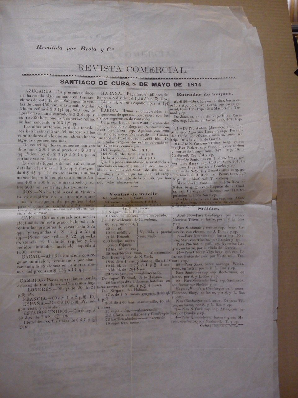 BEOLA Y C. - Revista Comercial. Santiago de Cuba 8 de Mayo de 1874 y 21 de Mayo de 1874 / Remitida cada una por Beola y C.