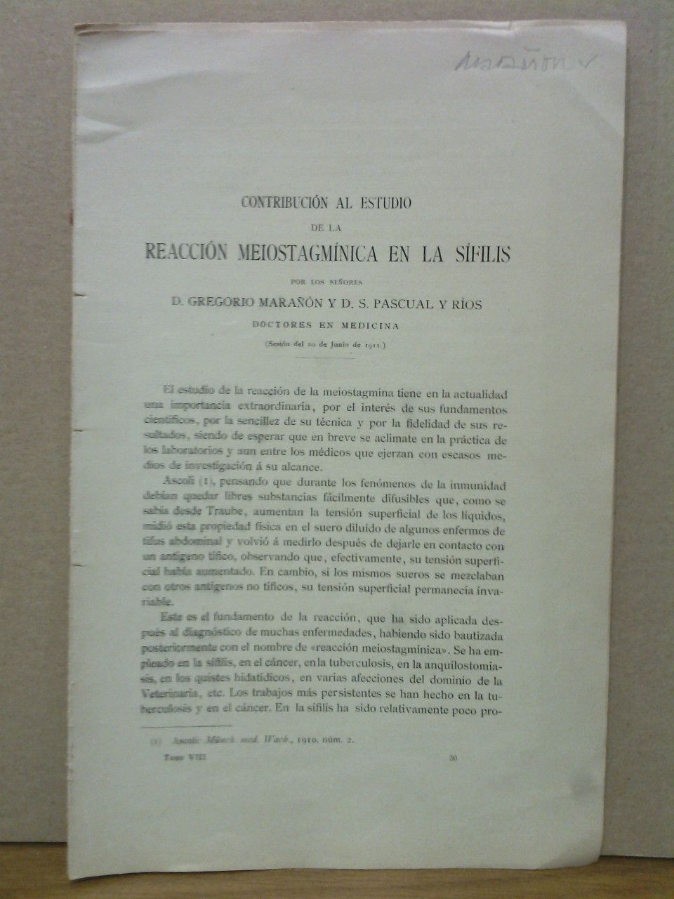 MARAON, Gregorio y S. Pascual y Ros - Contribucin al estudio