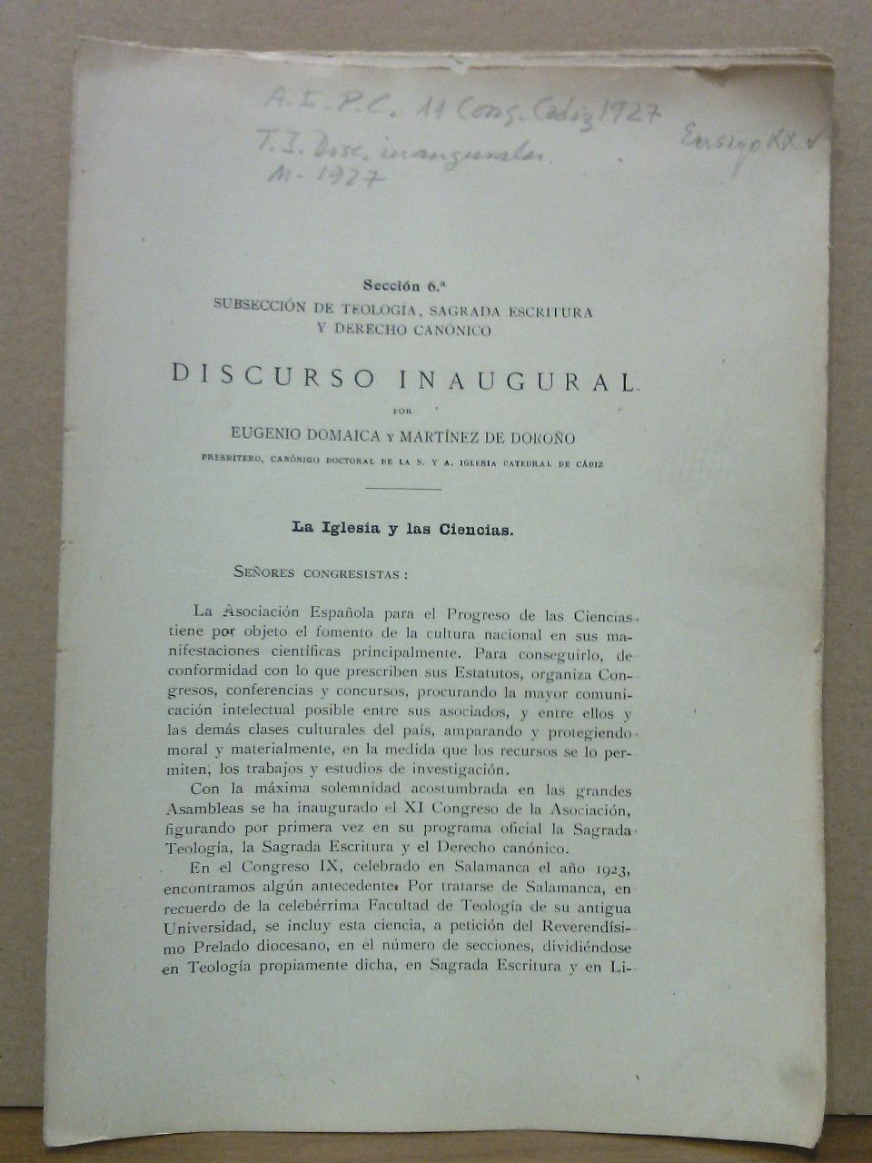 DOMAICA Y MARTINEZ DE DOROO, Eugenio - La Iglesia y las Ciencias