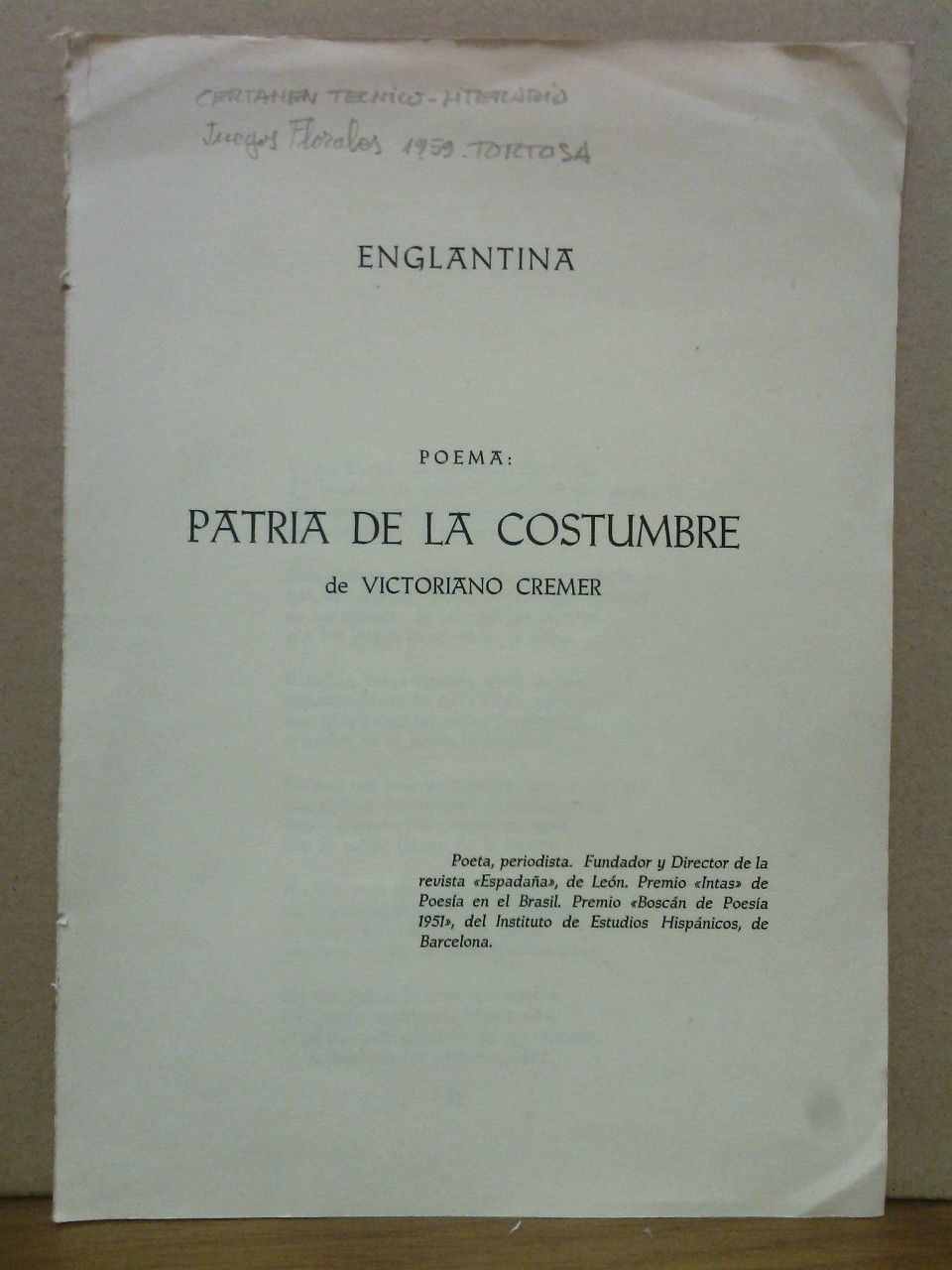 CREMER, Victoriano - Englantina. Poema: PATRIA DE LA COSTUMBRE