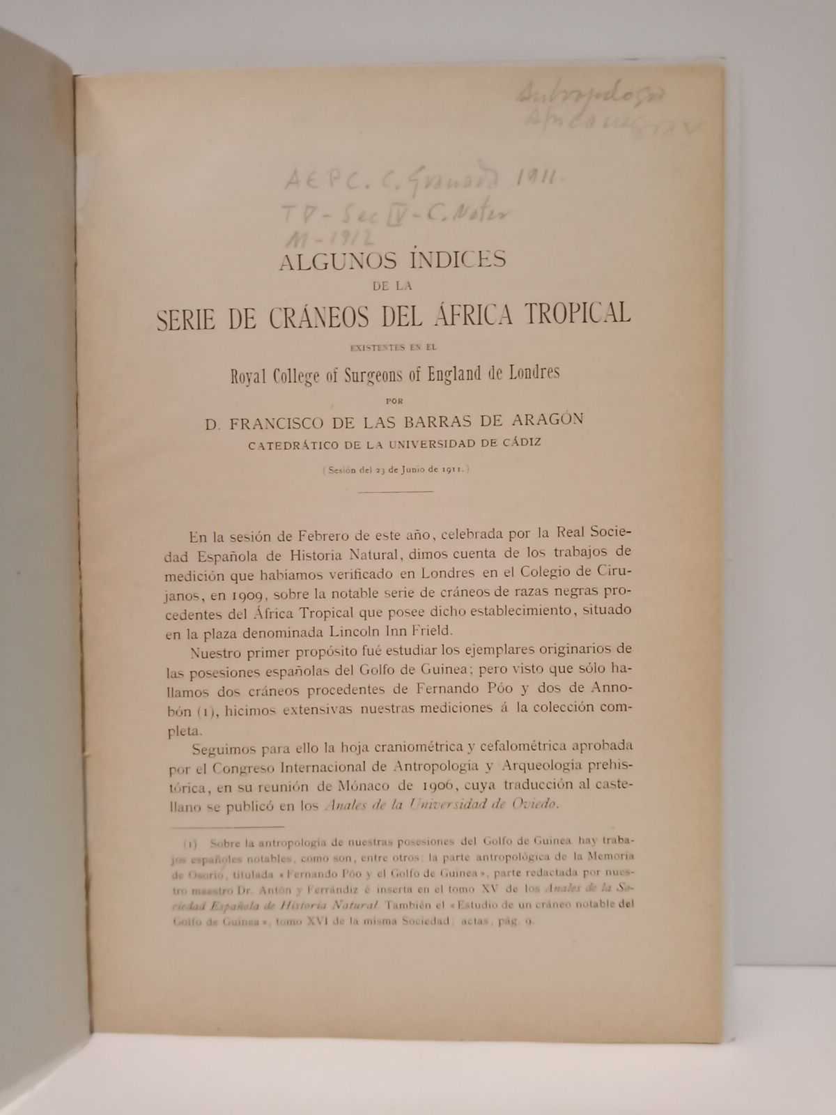 BARRAS DE ARAGON, Francisco de las - Algunos ndices de la serie de craneos del Africa Tropical existentes en el Royal College of Surgeons of England de Londres