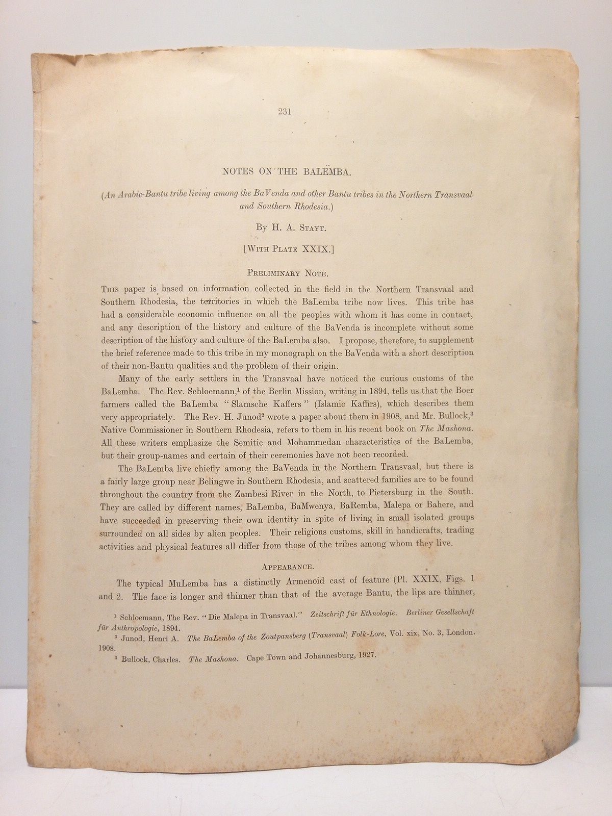 STAYT, H. A. - Notes on the Balemba. (An Arabic-Bantu tribe living among the Ba Venda other Bantu tribes in the Northern Transvaal and Southern Rhodesia)
