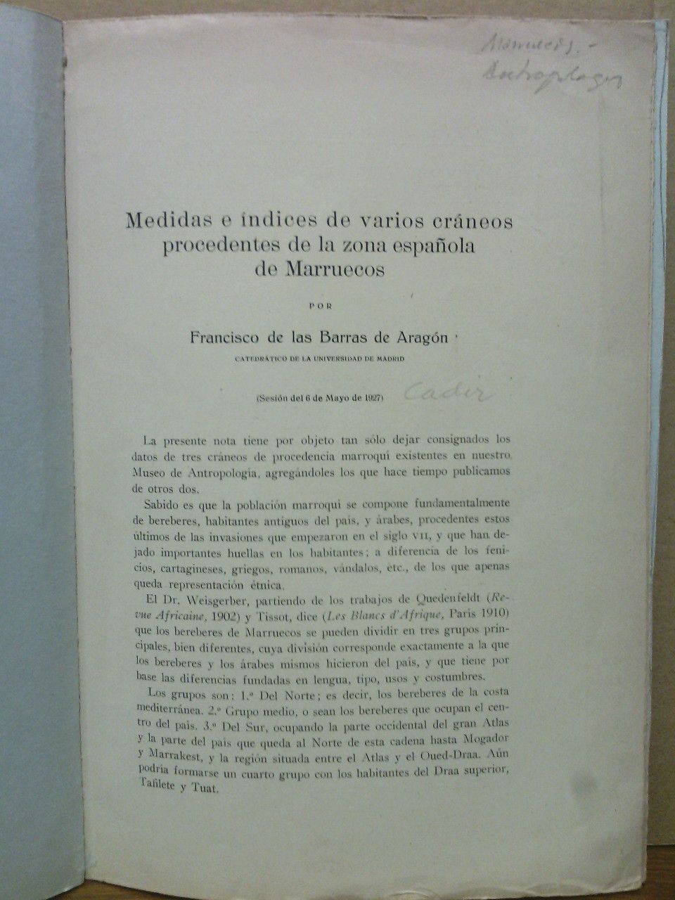 BARRAS DE ARAGON, Francisco de las - Medidas e ndices de varios crneos procedentes de la zona espaola de Marruecos