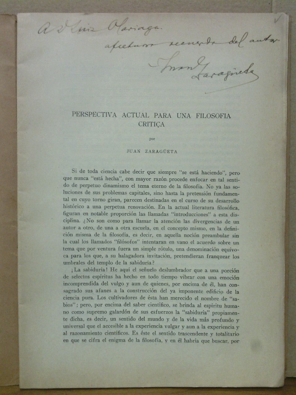 ZARAGETA, Juan - Perspectiva actual para una filosofa crtica
