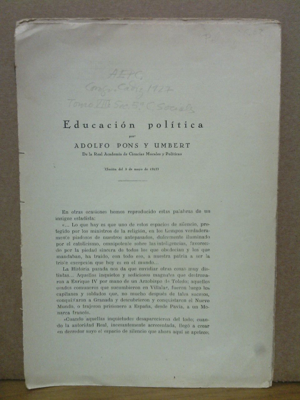PONS Y UMBERT, Adolfo - Educacin poltica