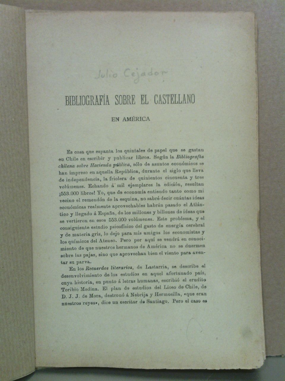 CEJADOR, Julio - Bibliografa sobre el Castellano en Amrica