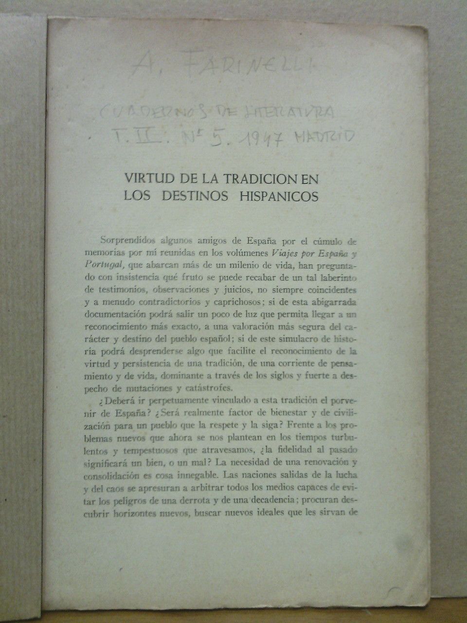 FARINELLI, Arturo - Virtud de la tradicin en los estudios hispnicos
