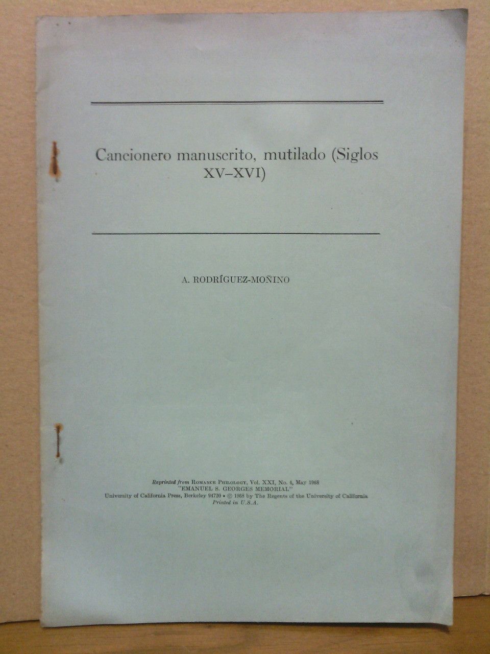 RODRIGUEZ-MOINO, A. - Cancionero manuscrito, mutilado (Siglos XV - XVI)