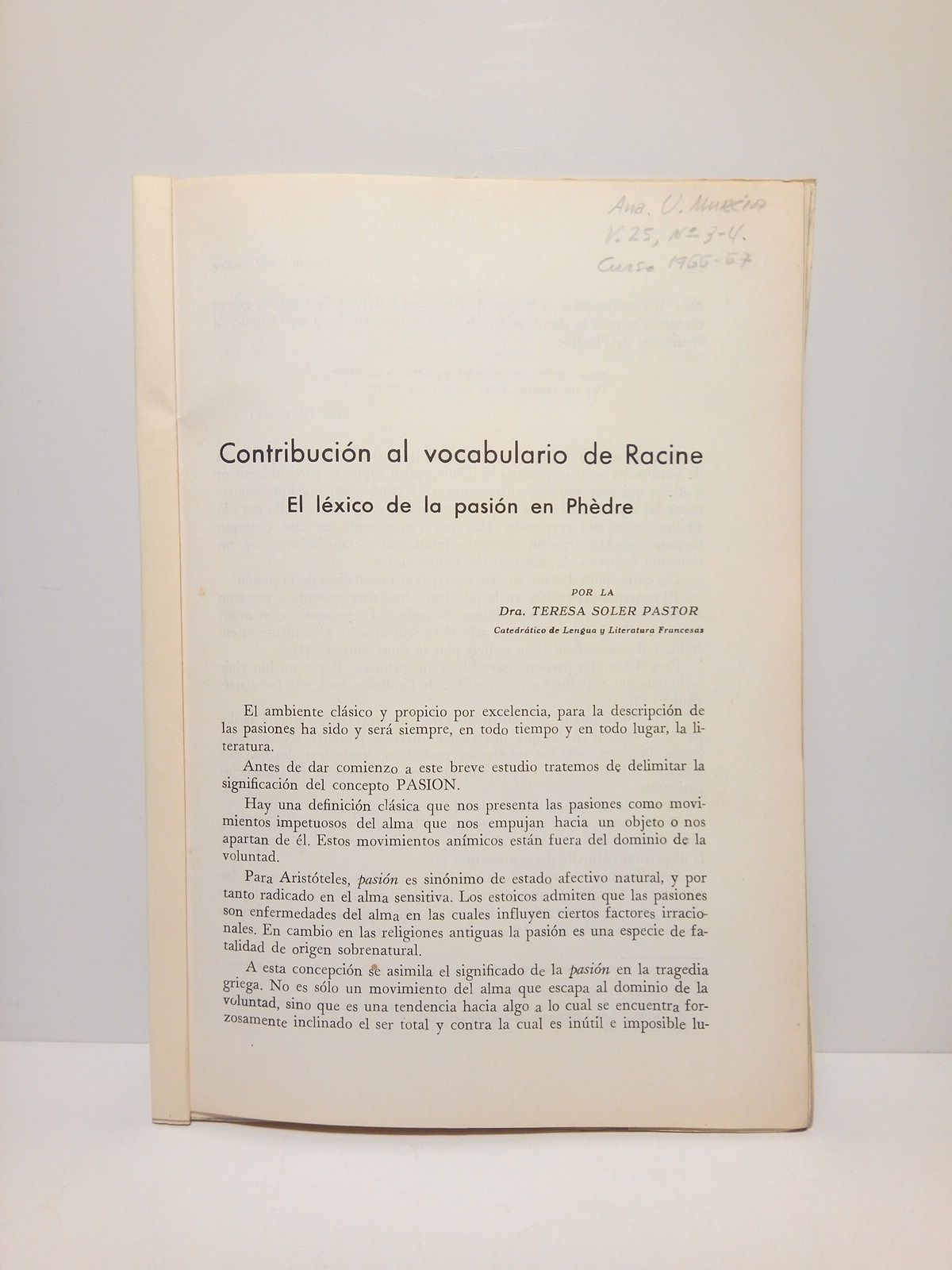SOLER PASTOR, Dra. Teresa - Contribucin al vocabulario ce Racine: El lxico de la pasin en Phdre