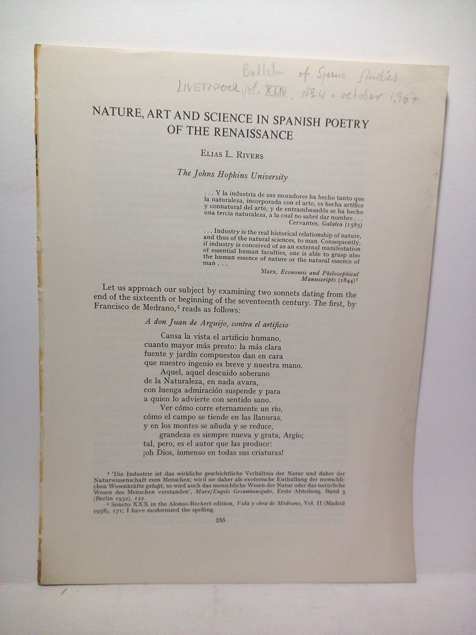 RIVERS, Elias L. - Nature, art and science in Spnish poetry of the renaissance /  by Elias L. Rivers, The Johns Hopkins University