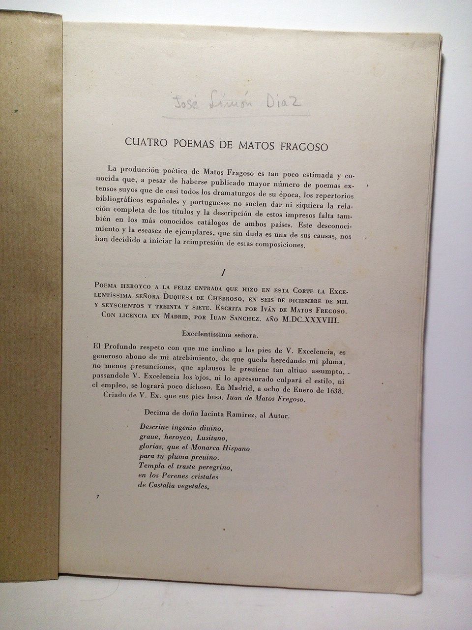 SIMON DIAZ, Jos (edicin) - Cuatro poemas de Matos Fragoso [1608 - 1689]