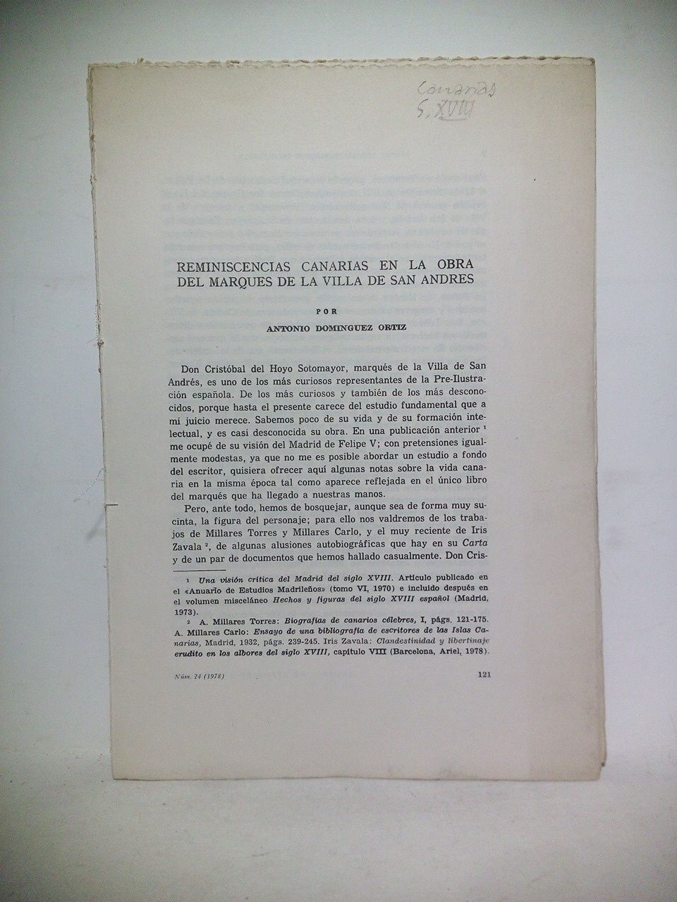 DOMINGUEZ ORTIZ, Antonio - Reminiscencias canarias en la obra del Marqus de la Villa de San Andrs
