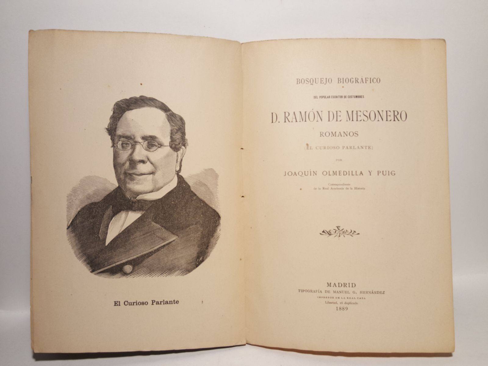 OLMEDILLA Y PUIG, Joaqun - Bosquejo biogrfico del popular escritor de costumbres D. Ramn de Mesonero Romanos (El Curioso Parlante)