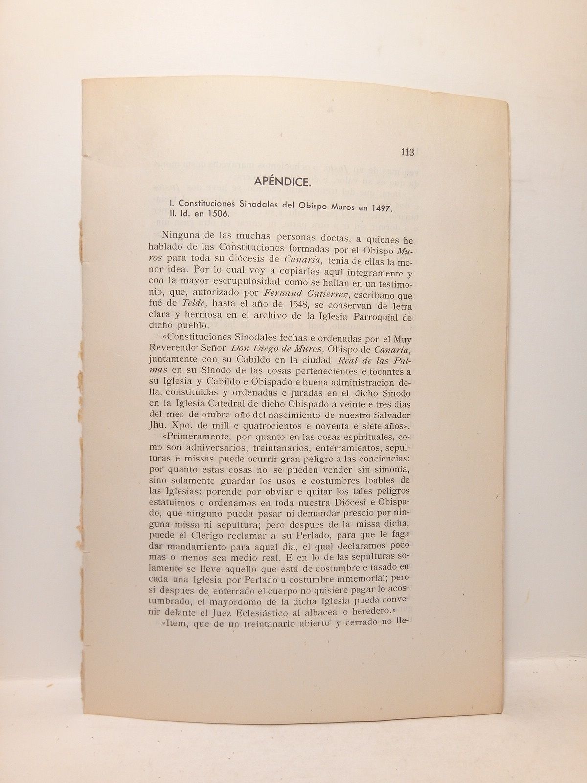 MUROS, Diego de, Obispo de Canaria - I. Constitudiones Sinodales del Obispo Muros en 1497. II. Idem en 1506