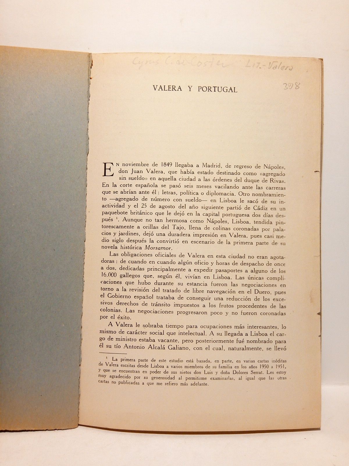 COSTER, Cyrus C. de - Valera y Portugal /  Traducido del ingls por M. Saiz-Calleja