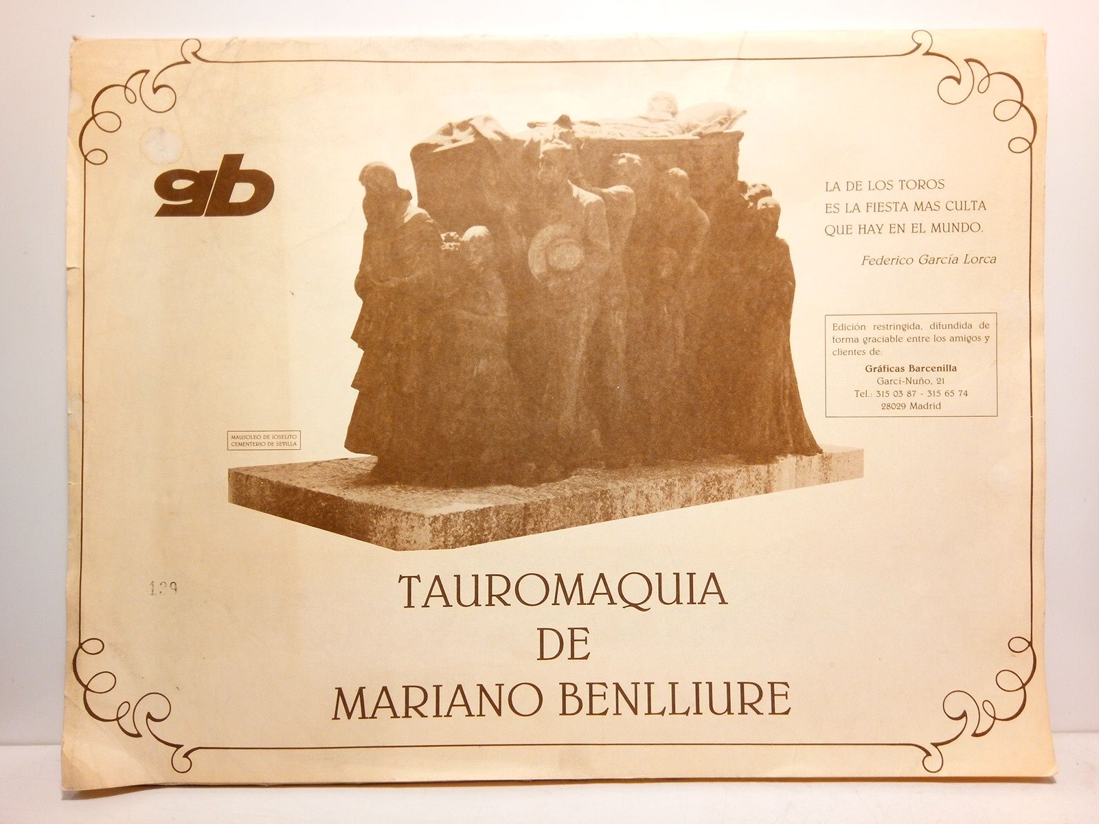 BENLLIURE, Mariano - Tauromaquia [Coleccin que reproduce 22 lminas taurinas dibujadas a plumilla, firmadas y fechadas en 1942 y 1944] /  Precedidas de: La Escultura y el Arte taurino (Artculo aparecido en la Revista Vrtice, 1944) por Mariano Benlliure; Ofrecimiento por Luis Barcenilla; Benlliure, taurino por Luis Montas