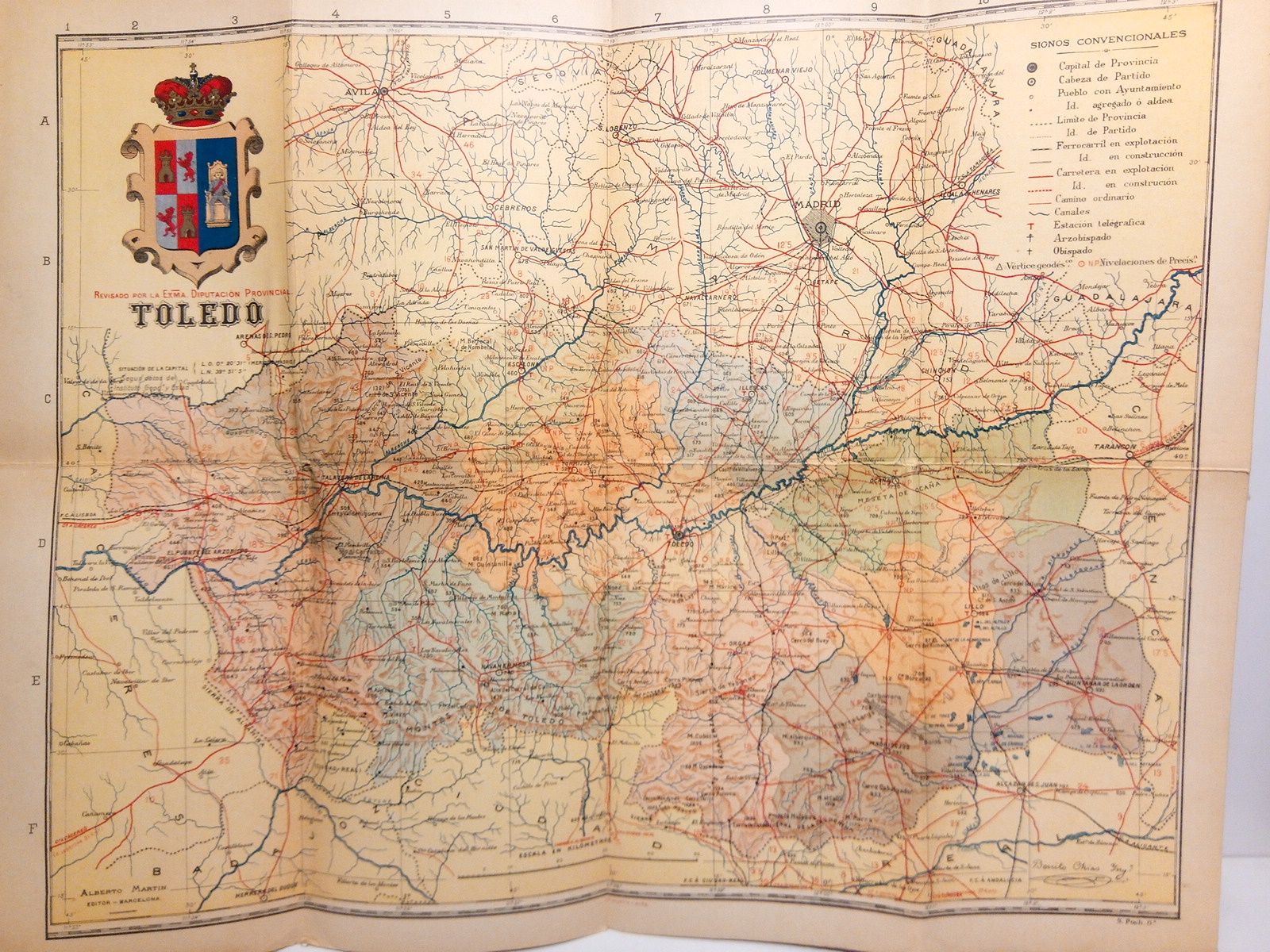 DIPUTACION PROVINCIAL DE TOLEDO [Benito Chas y Carb. Capitan de Ingenieros, dirige] - Toledo [Mapa de la Provincia en colores] /  Revisado por la Excma. Ditutacin Provincial de Toledo; con la firma inpresa en su esquina inferior derecha de Benito Chias [Capitan de Ingenieros que dirigi y supervis el mapa]; S. Poch, grab